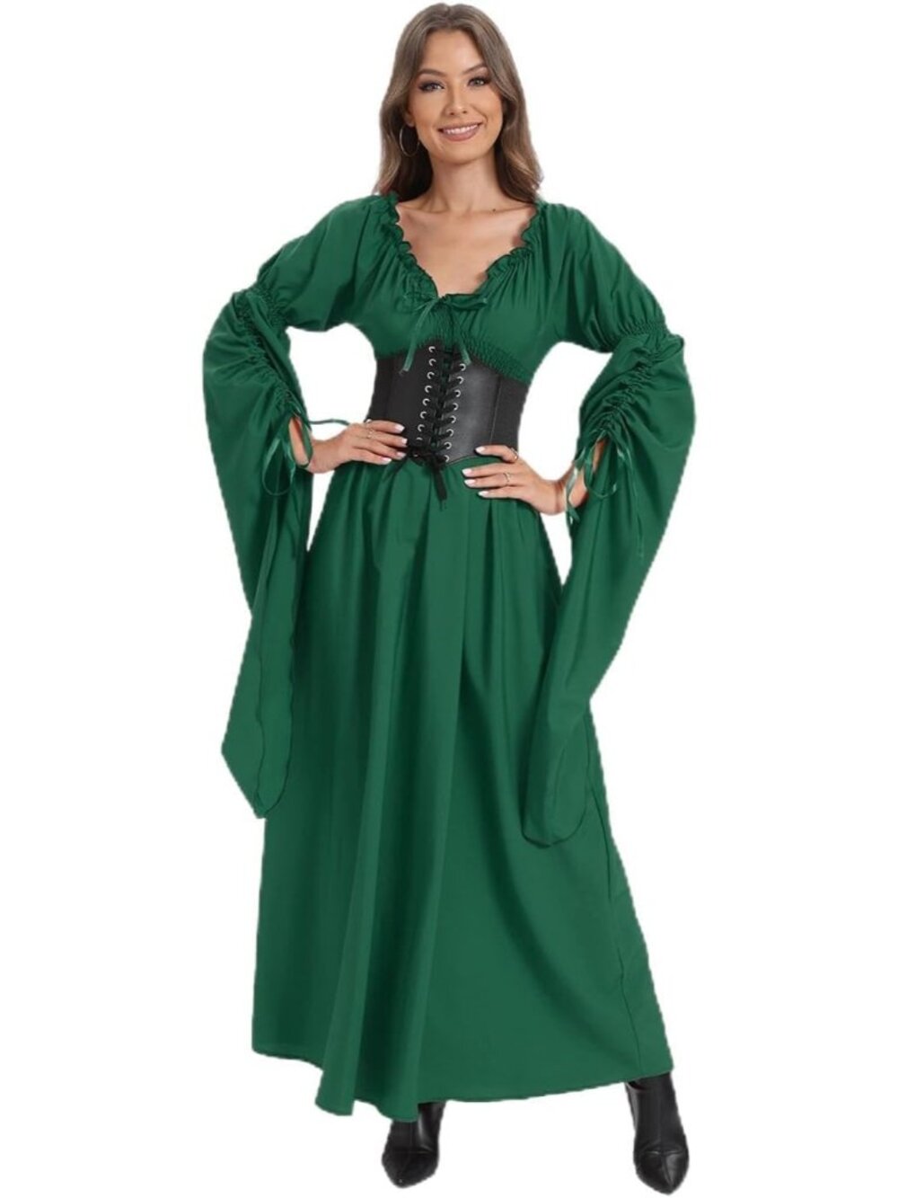 🎃 Women Green Renaissance Witch Dress Peasant Gothic Fairy Halloween Costumes